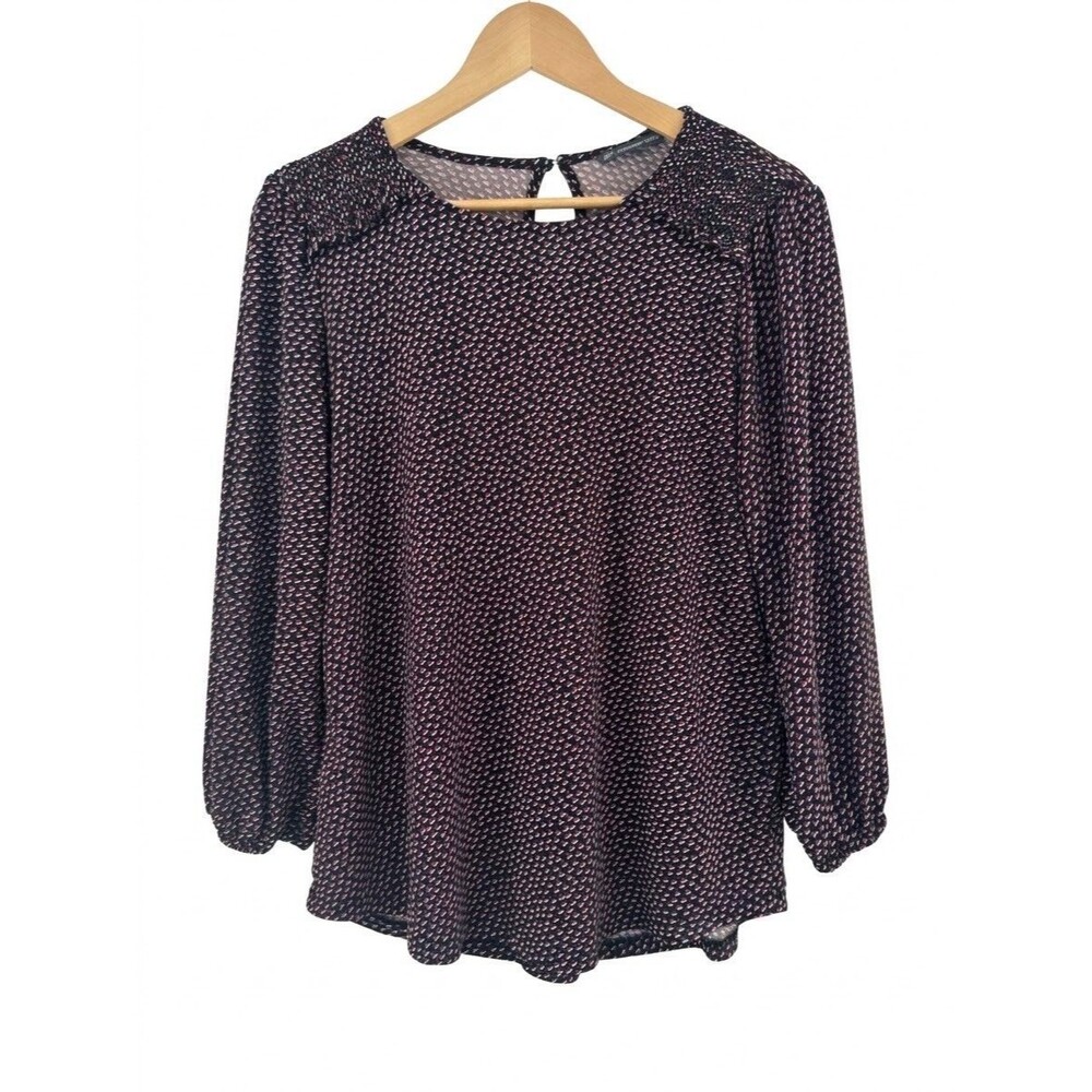 Adrianna Papell Heart Smocked Shoulder 3/4 Sleeve Black & Red Blouse Woman's Med
